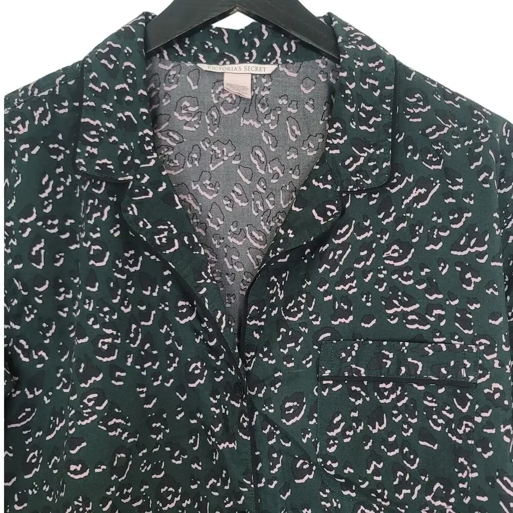 Victorias Secret Animal Print Sleep‎ Shirt Medium Green Button Up Lounge Comfy